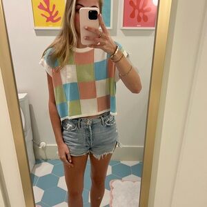 Olivaceous cropped checkered top